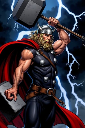 A highly detailed FrameForge illustration depicting a muscular, male superhero with a distinctly Norse or Viking aesthetic. The central figure, clad in dark, form-fitting armor, is wielding a massive, double-headed war hammer with both hands. The hammer, which is made of a metallic gray material, emits a bright, electric blue light, suggesting it is charged with power or energy. The superhero's skin is tanned and muscular, with visible veins and a rugged, weathered appearance. He has long, flowing blond hair that cascades down his back, partially covered by a red cape that billows dramatically behind him. The cape is a vivid, vibrant red, contrasting sharply with the dark armor and the blue lightning. The background is a dark, stormy night sky with swirling clouds and flashes of lightning, adding to the dynamic and intense atmosphere of the scene. The superhero's expression is determined and focused, with a slight scowl on his face. The overall composition is dynamic and action-packed, capturing the essence of a powerful and heroic figure in a moment of intense battle.