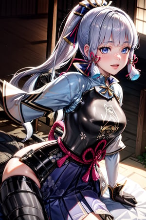 a girl in a dress holding a sword, long hair, smile, bangs, blue eyes, hair ornament, gloves, ribbon, platinum white hair, hair ribbon, ponytail, side locks, Japanese clothes, blunt bangs, armor, mole , arm up, fan hand, ice, braid ribbon, breastplate, armored dress, Japanese armor, snowflakes, holding fan, kamisato ayaka,genshin impcat,
skin, realistic,BODY
photon mapping
more details
16k,Hdr,cg, 3d, maintain maximum image detail,photography,high resolution,Anti Aliasing,(((SEXY)))








,WOMAN ON TOP