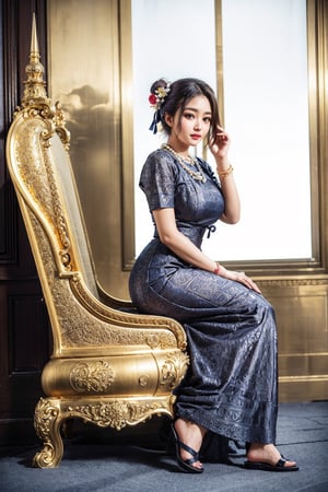 girl sitting on the royal golden throne.  big_boobies,  big_booty, :), looking_at_camera, portrait, soft light,  warm colour, mmTD burmese patterned traditional dress, black single bun hair with flower, pearl necklaces and gold bracelets, acmm thanaka makeup. ultra wide shoot, ( wide view: 1.3) full body , full_body.