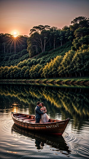 Beneath the soft glow of the moonlight, an couple on a traditional wooden boat floating along the serene river, the reflections on the water's surface shimmering like liquid silver, a sense of love fills the air, intricate details, capturing the ethereal beauty of the romantic lovely moment