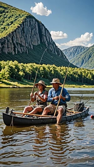 A primitive couple sitting on a large raft on a large river, catching fish with a fishing pole.

Ultra-clear, Ultra-detailed, ultra-realistic, Distant view. full body shot