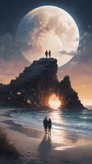 Nestled on a moonlit beach, a couple perches on a rugged rock formation. The moon hangs low in the sky, casting a radiant path across the water's surface. The couple's figures are silhouetted against the moonlight, their hands interlocked. The beach around them is a blend of smooth sand and scattered seashells. Tall grasses sway gently in the breeze, and a hint of a bonfire's warmth wafts through the air. Stars twinkle overhead, enhancing the mystical atmosphere. The scene exudes a mix of adventure and serenity, evoking a sense of endless possibilities. An intricate papercraft artwork that plays with layers and shadows to capture the moonlit textures and create a sense of depth, using delicate cuts and folds to form the scene.