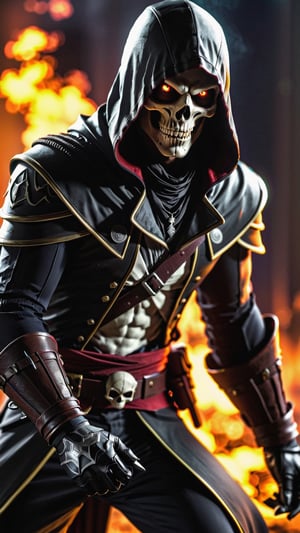 Masterpiece, best quality, ultra-detailed, best shadow), (detailed background), (beautiful detailed face, beautiful detailed eyes),1man, evil skull head with sharp teeth, black polo with three buttons and torn details, fist clenched, black-colored apparel, often in the form of long, two-tailed coats, black fingerless gloves, black military-style boots, fire-around, rocks, ruins, red-eyes, fire coming out of the eyes, eyes-glowing, ((assassins creed)), (full body), walking through the fire, fire around him,SAM YANG,3DMM