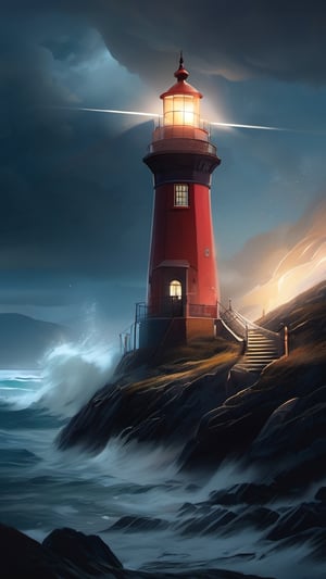 lighthouse, dark light, sharp contours, clean lines, stormy illustrations, vibrant, detailed and dreamy atmospheric portraits, surreal atmosphere, dreamlike scenes, ethereal atmosphere, ultra realistic, interactive, highly detailed image, oniric, clear view.