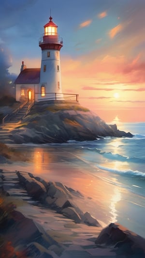 lighthouse, bright light, sharp contours, clean lines, romantic illustrations, wonderful tones, vibrant, detailed and dreamy atmospheric portraits, captivating color palette, surreal atmosphere, dreamlike scenes, ethereal atmosphere, Watercolor style, interactive, highly detailed image, oniric, clear view, no columns,oil painting