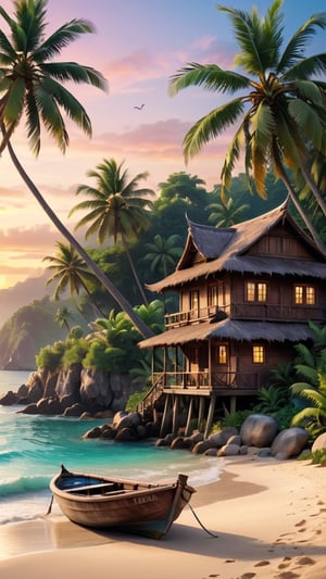 close up angle of, a serene tropical sandy beach, wavy wave, palm trees, beach vaggies, shall and plant, and boat, ((zoom focus on boat)), old simple rustic old wooden house, sunset background, detailed background, surrounded by jungle, insect, detailed focus, deep bokeh, beautiful, dark cosmic background. Visually delightful , 3D, more detail XL,chibi