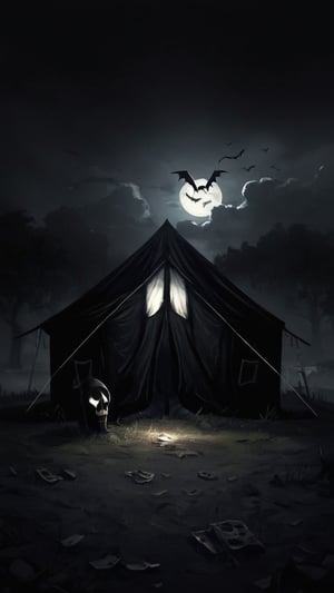 black tent, dark scare night, full darkness.