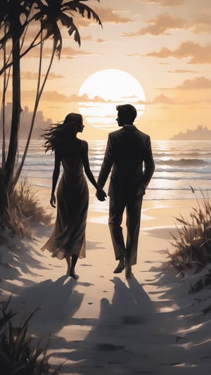 Nestled on a sunlit beach, a couple. The sun hangs low in the sky, casting a radiant path across the water's surface. The couple's figures are silhouetted against the sunlight, their hands interlocked. The beach around them is a blend of smooth sand and scattered seashells. Tall grasses sway gently in the breeze, and a hint of a warmth wafts through the air. mystical atmosphere. The scene exudes a mix of adventure and serenity, evoking a sense of endless possibilities. An intricate papercraft artwork that plays with layers and shadows to capture the sunlit textures and create a sense of depth, using delicate cuts and folds to form the scene.