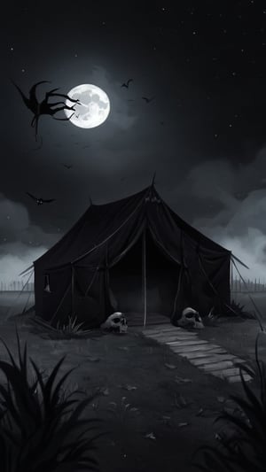 black tent, dark scare night, full darkness.