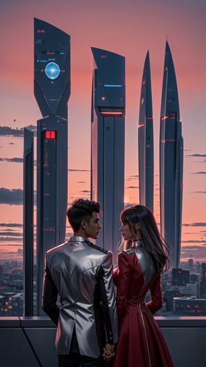 Against the backdrop of a red crimson sky, a couple, 1man, 1girl, stands looking at each other, lovely couple, futuristic romantic Martian city, with sleek, silver buildings and advanced technology that seems almost otherworldly