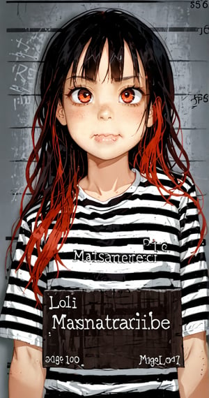 quality, masterpiece, detailed,best quality ,1girl,solo, (loli:1.3), long hair, (black hair:1.2),(red hair1.1),(colored inner hair:1.3), long sidelocks, (red eyes:1.3), wavy_mouth, (prisoner:1.2),(black and white striped, prison clothes:1.4),shorts,@_@, upper_body, straight-on , close_up portrait,(mugshot in jail:1.4), indoor ,emo