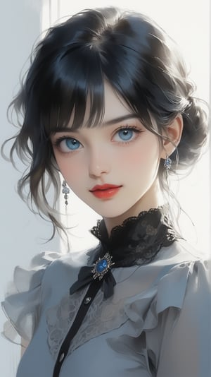 Sketch of a beautiful girl, shy Chuckle smile, ((18 years old korean girl)), ((a beautiful girl with clear blue eyes)), portrait, soft light-red lips, black hair, illustration art, soft light, detailed, strong grayscale, elegant, high contrast, with thin lines Add soft blur, sketch of a beautiful girl, portrait of Charles Miano, ((full body shot)), strong  backlight, ,zavy-hrglw, niji5,aesthetic portrait,jyojifuku,anica_teddy