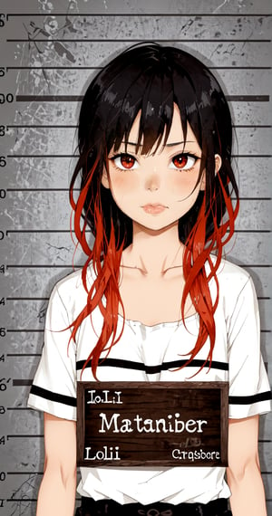 quality, masterpiece, detailed,best quality ,1girl,solo, (loli:1.3), long hair, (black hair:1.2),(red hair1.1),(colored inner hair:1.3), long sidelocks, (red eyes:1.3), wavy_mouth, (prisoner:1.2),(black and white striped, prison clothes:1.4),shorts,@_@, upper_body, straight-on, (mugshot in jail:1.4), indoor ,emo