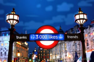 a high quality digital illustration (((logotype))) of the London Underground against the backdrop of the city at night,in the middle on a blue background in white letters the inscription ((“ thanks 3 000 likes friends ”)), digital art, realistic, front view, cityscape, nighttime, glowing lights, modern design, high detail, 16k