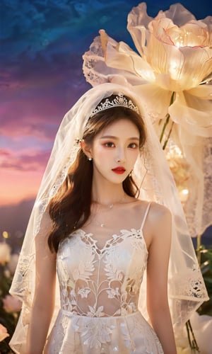 masterpiece,1girl,(mature female:0.5),tall body,golden proportions,(Kpop idol),(shiny skin:1.2),(oil skin:1.1),makeup,(close up),(flower background),depth of field,(closed mouth:0.5),((long wavy brown hair)),(puffy eyes),(eyelashes:1.1),(parted lips:1.1),red lipstick,fantasy art style,dreamy light, black short dress,),(lace:1.3)perfect body,(dreamy veil:1.3),(dusk:1.2),princess shoes,(diamond necklace),(crystal hairpin),tyndall effect,highres,) narrow waist, ,lace bra