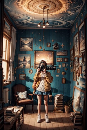 The central figure is depicted in an action pose, with one eye visible and the other covered by hair.
The character is holding a camera with a prominent (lens facing) directly at the viewer.
The room is filled with various objects including books, papers, and what appears to be photographic equipment.
Bright yellow light illuminates the scene creating strong contrasts and highlighting the character and objects in the room.
There are swirling patterns of light on the ceiling that add to the dynamic nature of the image.
The walls are adorned with posters or pictures, contributing to the cluttered yet creative atmosphere.1girl,crazy,red,light,3D MODEL