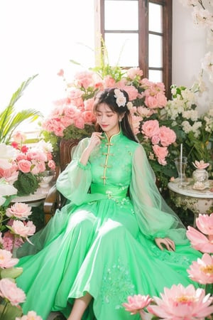 1girl, solo, black hair, hair ornament, long sleeves, dress, sitting, closed eyes, flower, hair flower, book, chinese clothes, pink flower, green dress, minigirl, lotus