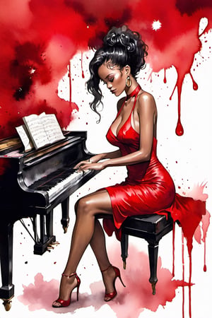 
oil paint, ,style pierre farel style cuba series,1 melanin girl, big breasts, black hair, dress, cleavage, dark skin, formal, red dress, instrument, faceless, , girl is playing 1grand piano, female is very sexy dressed and very senusal, rihanna

