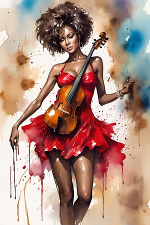 
oil paint, ,style pierre farel style cuba series,1 melanin girl, big breasts, black hair, dress, cleavage, dark skin, formal, red dress, instrument, faceless, , girl is playing 1contrabass, female is very sexy dressed and very senusal, whitney houston