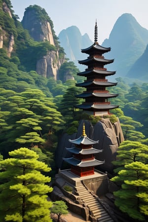 outdoors, tree, no humans, bird, scenery, rock, mountain, architecture, east asian architecture, pagoda