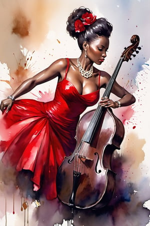 
oil paint, ,style pierre farel style cuba series,1 melanin girl, big breasts, black hair, dress, cleavage, dark skin, formal, red dress, instrument, faceless, , girl is playing 1contrabass, female is very sexy dressed and very senusal