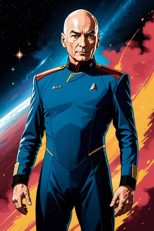 2D illustration of jean-luc picard 
strong outlines, full body, starfleet uniform,bold traces, high contrast, (professional vector), best quality, flat colors, flat lights, low levels, (powder explosion).,v0ng44g, Background a starship similar like enterprise E