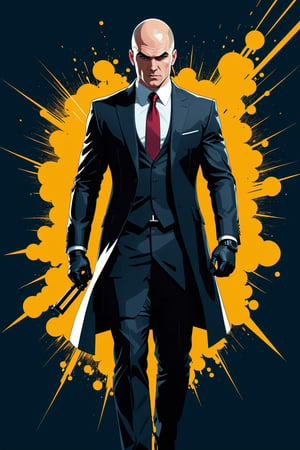 2D illustration of agent 47 hitman 
strong outlines, bold traces, high contrast, (professional vector), best quality, flat colors, flat lights, low levels, (powder explosion).,v0ng44g
