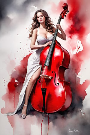 
oil paint, ,style pierre farel style cuba series,1 english girl, big breasts, red long open hair, dress, cleavage, white skin, formal, red dress, instrument, faceless, , girl is playing 1contrabass, female is very sexy dressed and very senusal,esther schweins, 
