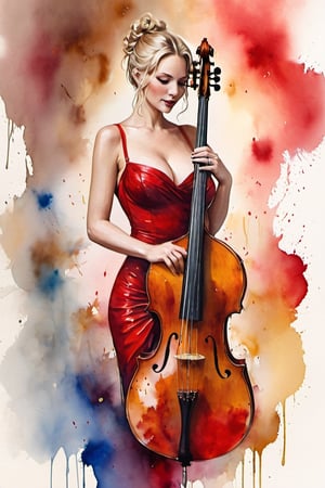 
oil paint, ,style pierre farel style cuba series,1 swedish girl, big breasts, blonde hair, dress, cleavage, white skin, formal, red dress, instrument, faceless, , girl is playing 1contrabass, female is very sexy dressed and very senusal