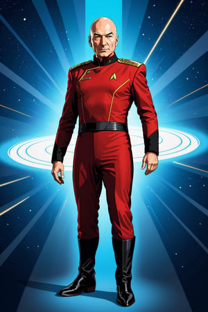 2D illustration of jean-luc picard 
strong outlines, full body, starfleet uniform (next generation),bold traces, high contrast, (professional vector), best quality, flat colors, flat lights, low levels, (powder explosion).,v0ng44g, Background: starship simila enterprise E