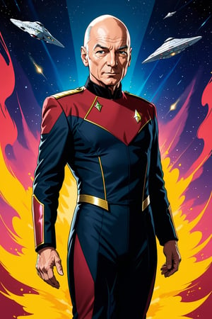 2D illustration of jean-luc picard 
strong outlines, full body, starfleet uniform (next generation),bold traces, high contrast, (professional vector), best quality, flat colors, flat lights, low levels, (powder explosion).,v0ng44g, Background: starship simila enterprise E