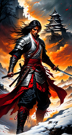 snow and blood, red on white,  epic battle, fantasy book cover illustration art by Amy Brown, Boris Vallejo, Heather Theurer  three parts in one art,  romantic, visible brushstrokes, splatter oil on canvas action painting brutal  Shaman hero saving gracious epic male samurai, epic dark fantasy ,   close ethereal centered portrait, air perspective focus on eyes, windy, japanese castle, artistic, gracious, light on face, shadow play., dynamic, dynamic pose, sharp eyes, mystical, shadow play, sunrise, fantasy, oil, dreamlike, artistic, intricated