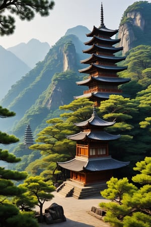 outdoors, tree, no humans, bird, scenery, rock, mountain, architecture, east asian architecture, pagoda