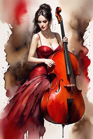 
oil paint, ,style pierre farel style cuba series,1 italian girl, big breasts, brunette hair, dress, cleavage, white skin, formal, red dress, instrument, faceless, , girl is playing 1contrabass, female is very sexy dressed and very senusal, gina lolobridiga
