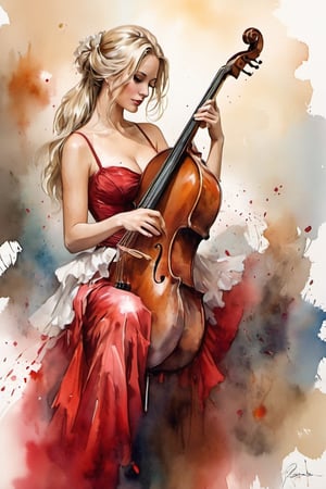 
oil paint, ,style pierre farel style cuba series,1 swedish girl, big breasts, blonde hair, dress, cleavage, white skin, formal, red dress, instrument, faceless, , girl is playing 1contrabass, female is very sexy dressed and very senusal