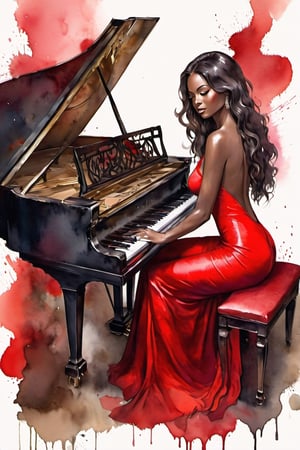 
oil paint, ,style pierre farel style cuba series,1 irish girl, big breasts, red long open hair, dress, cleavage, dark skin, formal, red dress, instrument, faceless, , girl is playing 1grand piano, female is very sexy dressed and very senusal, 

