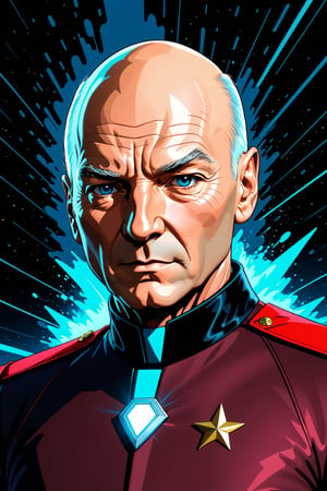 2D illustration of jean-luc picard 
strong outlines, bold traces, high contrast, (professional vector), best quality, flat colors, flat lights, low levels, (powder explosion).,v0ng44g