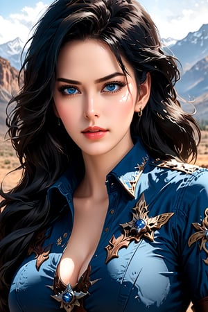 ((masterpiece, best quality, highres, 8k)), (detailed illustration), ((beautiful eyes detailed:1.2)), ((cowboy shot)), ((big breasts)), ((perfect face:1.2)), 1girl, dark black hair, blue eyes, solo, looking at viewer, slight smile,niji5,lookism style,Questism style