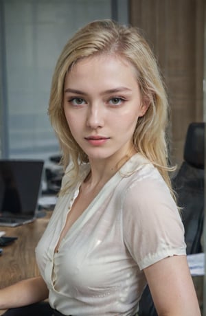 a digital portrait of a naturally beautiful young girl, 25 years blonde with a complexion reminiscent of pure porcelain, fullly matured. sitting on office desk in meeting
