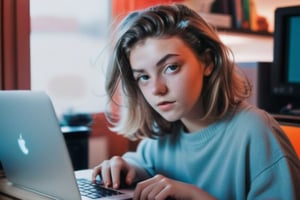 1girl , sitting in her studying desk, starring at her laptop, (lofi, analog), kodak film by Brandon Woelfel Ryan McGinley, moment eyes, beautiful face , mid body,