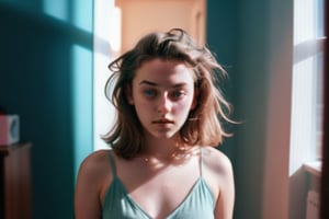 1girl, walking in her room, surreal dramatic lighting shadow (lofi, analog), kodak film by Brandon Woelfel Ryan McGinley, moment eyes, beautiful face , mid body,