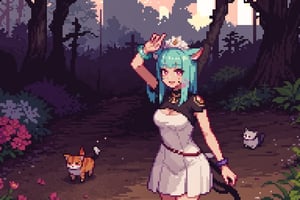 1girl, solo, smile, dress, animal ears, jewelry, mint hair, mint tail, outdoors, cat ears, cat tail, blurry background, {miqo'te}, avatar \(ff14\), miqo'teManityro, slit pupils. pink eyes, medium hair, medium breasts, standing, white dress, arm up, bracelet, facial mark, pixel art,Pixel art