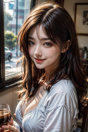 (masterpiece), best quality, highly detailed, face and skin, realistic photo, white tone color image, (expressive eyes, perfect face, detailed lips, beautiful face, smile, cute), 1girl, long brown hair, medium breast,panty shots, wearing only apron, in coffee shop, holding moka BIALETTI pot handle, making coffe,high leg,full body shot, high heeled saddles 
