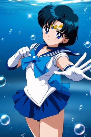 an anime girl is in action pose while in bubbles and blue water, sailor mercury, 1girl, mizuno ami, skirt, sailor senshi uniform, blue hair, solo, sailor collar, gloves, blue skirt, blue eyes, blue choker, blue sailor collar, short hair, choker, leotard, bow, magical girl, white gloves, bubble, elbow gloves,aamercury