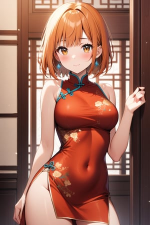 1girl, solo, breasts, looking at viewer, blush, smile, short hair, bangs, dress, bare shoulders, brown eyes, jewelry, medium breasts, closed mouth, thighs, cowboy shot, earrings, sleeveless, indoors, hand up, orange hair, orange eyes, bare arms, covered navel, sleeveless dress, chinese clothes, short dress, red dress, china dress, side slit, taut clothes, orange dress, taut dress, tight dress