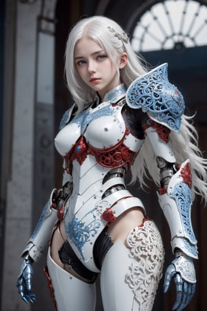 front_view, masterpiece, best quality, photorealistic, raw photo, (1girl, looking at viewer), long white hair, mechanical white armor, intricate armor, delicate blue filigree, intricate filigree, red metalic parts, detailed part, dynamic pose, detailed background, dynamic lighting,
,boy,Lady police 
