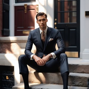 1guy, full body, suit guy sitting in front of the stone step of New York row house,  photorealistic, RAW, soft lighting, wearing over the calf socks with white vertical stripe, italian wool black pintripe suit, asian with moustache, pulling socks, brown formal loafers, editorial, look at the viewer, 178cm tall, solo focus, blurred background, zoom in to the men, wearing shorts, striped shirt