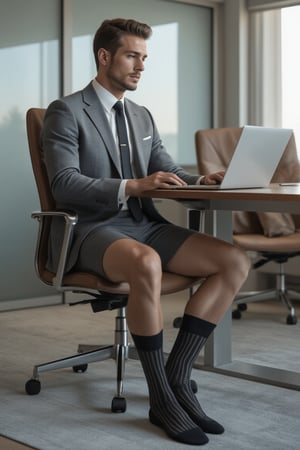 handsome suit men with bermuda shorts in 30s, working in the office and sitting on a chair and wearing black otc socks with vertical strips, muscular legs, realistic, masterpiece of photography, highly detailed face, full portrait, large windows, modern furniture, having meeting in the boardroom, looking at the laptop