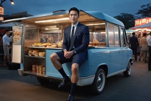 soft lighting, RAW , photorealistic,Masterpiece, wearing navy vertical strip over the calf socks,Movie Still, full body portrait, asian men, wearing black loafers, male flight attendent with light blue blazer with uniform, handsome, first class, textured seats, male attendent  pushing food cart, wearing shorts, kneehigh socks, 8k HD wallpaper,intricate details, editorial