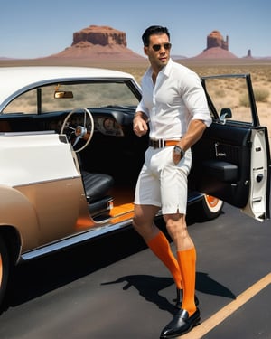 1guy, full body, orange socks with orange vertical stripe, car door opened, in the america desert, wearing white dotted shorts, eye level view, french with black hair, RAW, realistic, soft lighting, elbow hanging on the car window, black shiny loafers, double cuffed shirt, luxurious watch, road sign, car engine steaming, off white shirt, sunlight with shadow, editorial, black belt
